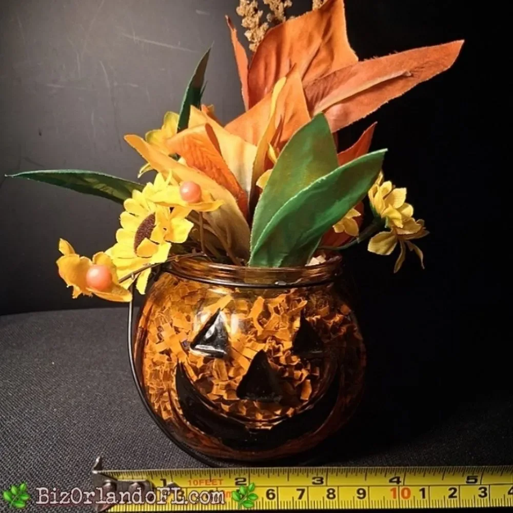 VINTAGE: Autumn Pumpkin Glass Vase with Floral Arrangement